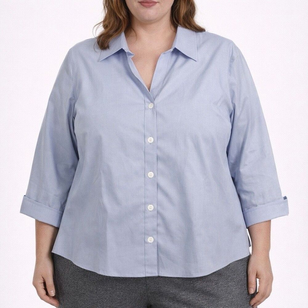 Foxcroft Non Iron Dress Shirt Women Size 18 Blue Office Career Business Top